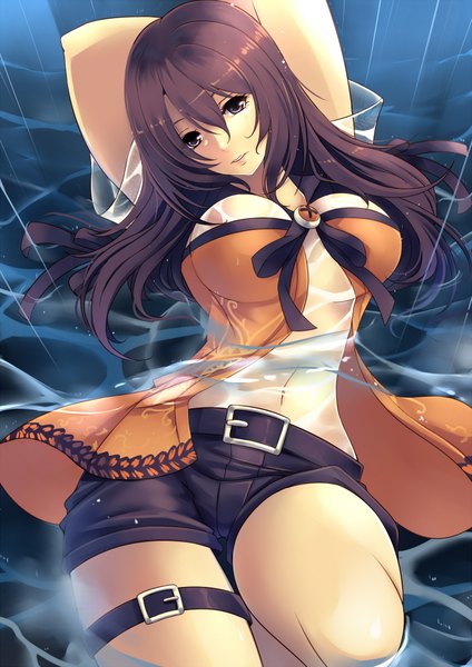 Anime picture 1414x2000 with fatal frame fatal frame 5 aata1007 single long hair tall image looking at viewer breasts light erotic brown hair brown eyes rain girl navel water shorts