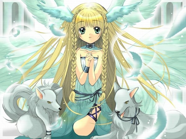 Anime picture 1024x768 with original izumi rei long hair blonde hair green eyes braid (braids) very long hair twin braids kneeling crossed arms angel wings head wings girl ribbon (ribbons) feather (feathers) dog