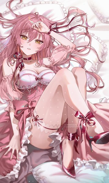 Anime picture 3241x5450 with idolmaster idolmaster cinderella girls jougasaki mika sssong aa single long hair tall image looking at viewer blush highres light erotic yellow eyes pink hair absurdres cleavage bent knee (knees) lying parted lips arm up on back