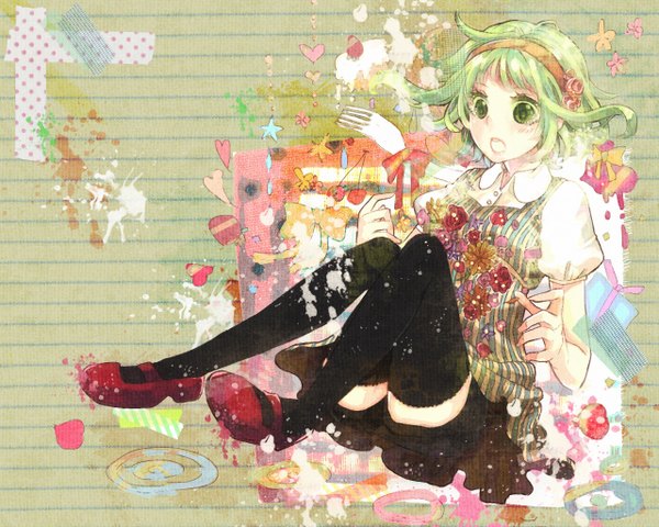 Anime picture 1280x1024 with vocaloid gumi vient single blush short hair open mouth sitting green eyes green hair wallpaper striped striped background girl thighhighs black thighhighs food heart hairband star (symbol)