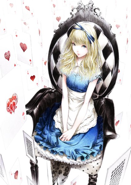 Anime picture 1200x1693 with alice in wonderland original alice (wonderland) sousou (sousouworks) single long hair tall image looking at viewer fringe blue eyes blonde hair sitting from above floral print monochrome wavy hair hands clasped rhombus girl dress