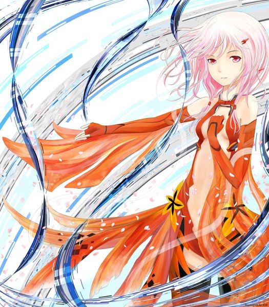 Anime picture 1790x2046 with guilty crown production i.g yuzuriha inori keiita single long hair tall image looking at viewer highres red eyes bare shoulders pink hair center opening girl navel hair ornament detached sleeves petals hairclip bodysuit