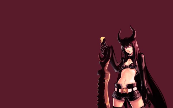 Anime picture 1920x1200 with black rock shooter black gold saw drawfag long hair fringe highres black hair simple background smile red eyes wide image horn (horns) open shorts thighhighs gloves navel weapon sword elbow gloves shorts