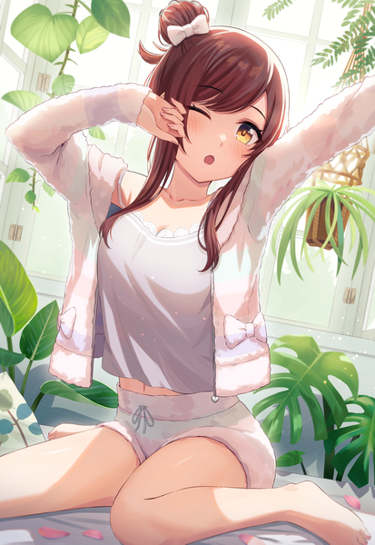 Anime picture 1700x2468 with idolmaster idolmaster shiny colors oosaki amana kurageso single long hair tall image looking at viewer blush fringe open mouth brown hair sitting yellow eyes indoors one eye closed hair bun (hair buns) wariza yawn stretch