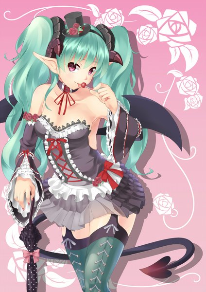 Anime picture 1446x2046 with vocaloid hatsune miku toumin (artist) single long hair tall image twintails purple eyes tail horn (horns) pointy ears aqua hair polka dot closed umbrella girl thighhighs dress hat detached sleeves wings