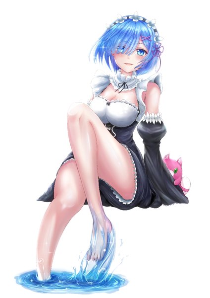 Anime picture 826x1169 with re:zero kara hajimeru isekai seikatsu white fox rem (re:zero) penguintake single tall image looking at viewer blush fringe short hair breasts open mouth blue eyes light erotic simple background smile large breasts white background sitting blue hair