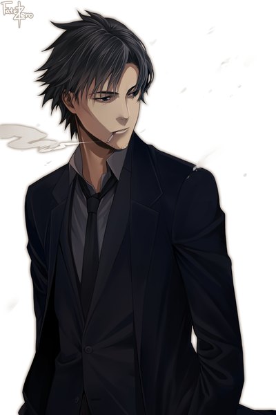 Anime picture 1000x1500 with fate (series) fate/zero type-moon emiya kiritsugu chimachi single tall image short hair black hair simple background white background wind black eyes smoke hands in pockets smoking boy necktie suit cigarette