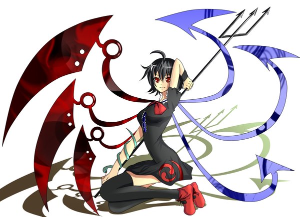 Anime picture 1755x1275 with touhou houjuu nue mimin (cyorito) single fringe highres short hair black hair hair between eyes red eyes white background full body ahoge shadow asymmetrical wings girl thighhighs dress weapon black thighhighs