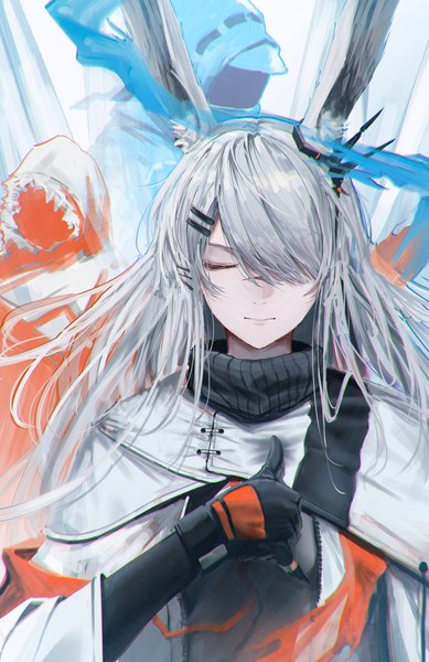 Anime picture 2786x4300 with arknights doctor (arknights) frostnova (arknights) yeti caster leader (arknights) ressec single long hair tall image fringe highres animal ears silver hair upper body eyes closed hair over one eye bunny ears scar girl gloves black gloves