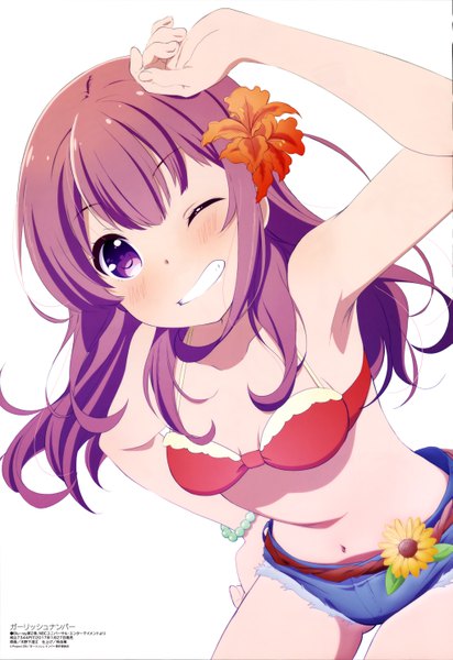 Anime picture 4081x5932 with girlish number megami magazine karasuma chitose (giarlish number) single long hair tall image looking at viewer blush highres light erotic smile purple eyes absurdres purple hair one eye closed hair flower wink official art girl navel