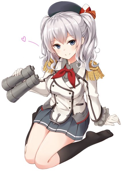 Anime picture 643x900 with kantai collection kashima training cruiser takehana note single long hair tall image looking at viewer blush fringe simple background smile white background sitting twintails holding silver hair head tilt pleated skirt from above arm support