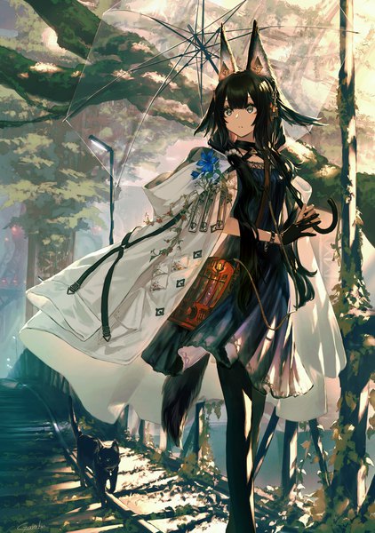 Anime picture 2549x3624 with original garuku single long hair tall image fringe highres black hair standing holding signed animal ears looking away outdoors tail parted lips animal tail grey eyes walking transparent umbrella