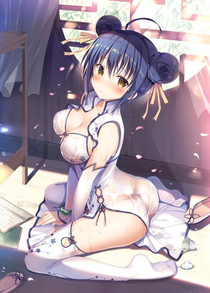Anime picture 4870x6800 with original sousouman single tall image looking at viewer blush fringe highres short hair breasts blue eyes light erotic hair between eyes sitting yellow eyes blue hair absurdres cleavage full body ahoge