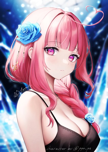 Anime picture 4465x6314 with original leone (kamina0205) single long hair tall image looking at viewer blush fringe highres breasts light erotic large breasts signed payot pink hair absurdres upper body braid (braids) pink eyes blurry