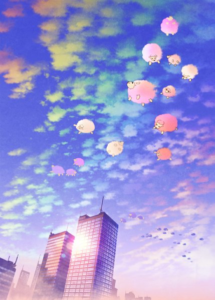 Anime picture 733x1026 with original mocha (cotton) tall image sky cloud (clouds) sunlight city cityscape flying no people city lights animal building (buildings) sun