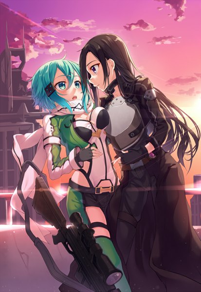 Anime picture 800x1162 with sword art online a-1 pictures kirigaya kazuto asada shino yaguo long hair tall image blush short hair breasts open mouth blue eyes black hair purple eyes blue hair sky cloud (clouds) open clothes open jacket couple