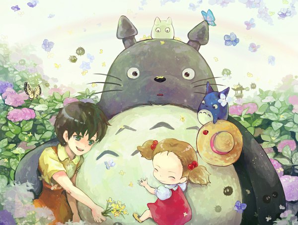 Anime picture 1000x758 with tonari no totoro studio ghibli totoro chibi totoro kusakabe mei kusakabe satsuki saya (mychristian2) blush short hair blue eyes black hair smile brown hair eyes closed happy girl flower (flowers) hat animal insect