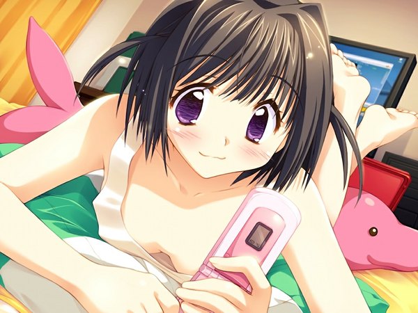 Anime picture 1024x768 with tama tama - tonari no kanojo wa seiyuu no tamago blush short hair light erotic black hair purple eyes game cg girl