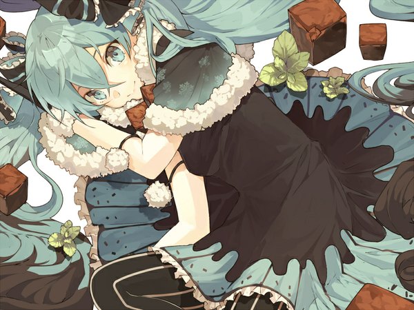 Anime picture 800x600 with vocaloid hatsune miku miku choco pig ggul single looking at viewer smile twintails lying very long hair aqua eyes from above aqua hair fur trim snowflake print girl dress bow plant (plants) hair bow