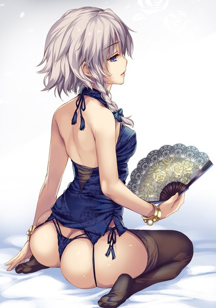 Anime picture 1123x1600 with touhou izayoi sakuya moneti (daifuku) single long hair tall image breasts blue eyes light erotic sitting bare shoulders silver hair full body ass braid (braids) profile lips from behind no shoes back
