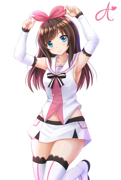 Anime picture 1200x1775 with virtual youtuber a.i. channel kizuna ai kazenokaze single long hair tall image looking at viewer blush fringe breasts blue eyes simple background smile brown hair white background bare shoulders head tilt multicolored hair arms up