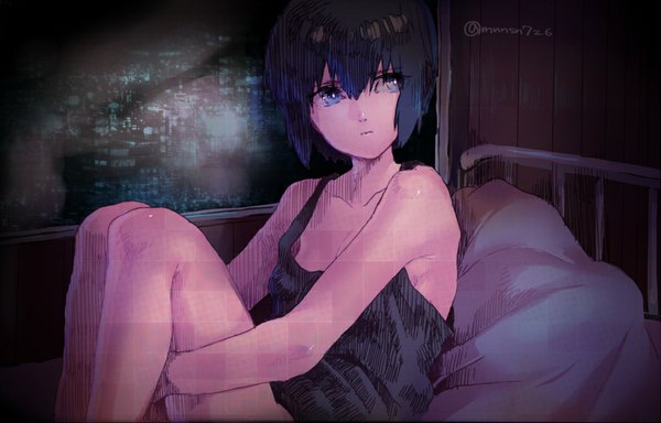 Anime picture 887x568 with ghost in the shell production i.g kusanagi motoko katsuoboshi single fringe short hair blue eyes black hair sitting bare shoulders signed looking away bent knee (knees) night girl window pillow bed