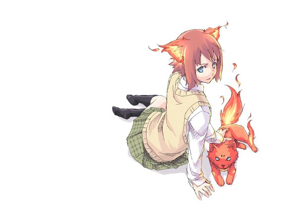 Anime picture 1200x900 with original kyo (kuroichigo) looking at viewer short hair blue eyes simple background brown hair white background sitting animal ears lying pleated skirt from behind orange hair grey eyes fox ears back plaid skirt reclining girl