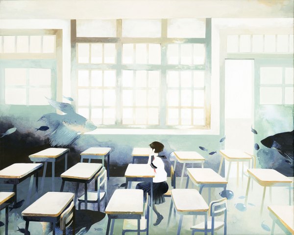 Anime picture 3755x3007 with original otonai chiaki highres short hair brown hair sitting absurdres light classroom girl serafuku window table fish (fishes)