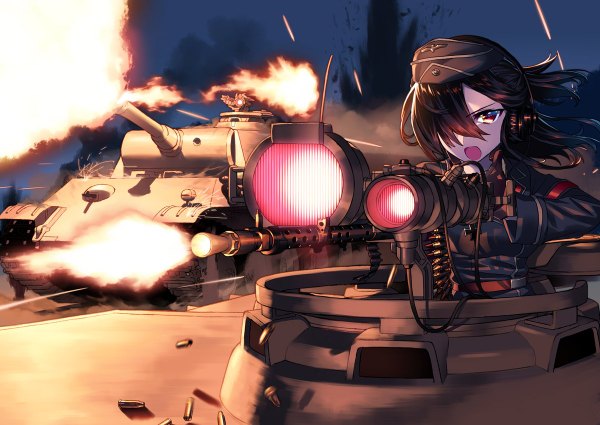 Anime picture 1200x850 with original blew andwhite single fringe short hair open mouth black hair red eyes looking away outdoors wind hair over one eye night night sky light gradient hair military firing war girl