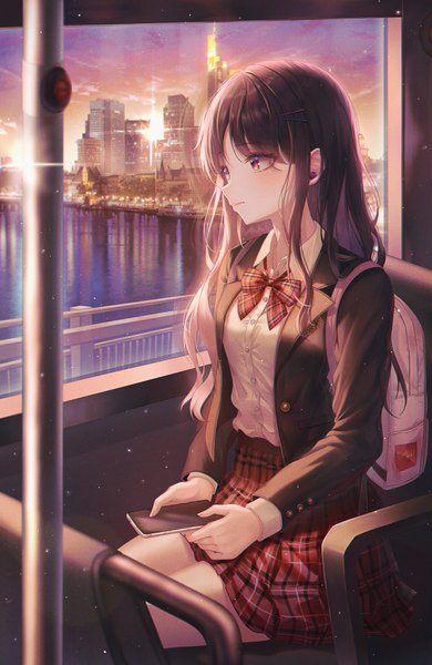 Anime picture 2600x4000 with original bobmond single long hair tall image blush fringe highres black hair sitting holding brown eyes looking away sky cloud (clouds) indoors long sleeves city evening sunset