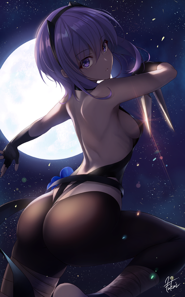 Anime picture 705x1130 with fate (series) fate/prototype hassan of serenity (fate) fukai ryosuke single tall image fringe short hair breasts light erotic hair between eyes purple eyes signed purple hair bent knee (knees) outdoors ass looking back night night sky