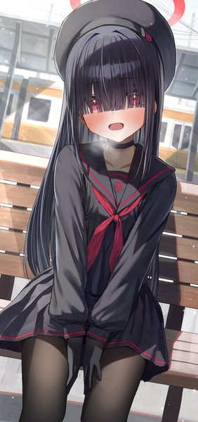 Anime picture 1494x3175 with blue archive justice committee club member (blue archive) hidulume single long hair tall image looking at viewer blush fringe open mouth black hair red eyes sitting outdoors blunt bangs :d dutch angle exhalation between legs hair over eyes