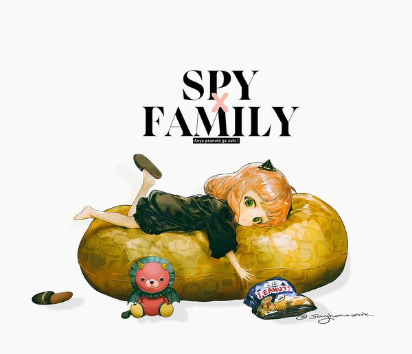 Anime picture 1313x1129 with spy x family anya (spy x family) director chimera (spy x family) say hana single long hair simple background white background green eyes signed looking away full body ahoge lying orange hair copyright name twitter username text on stomach romaji text