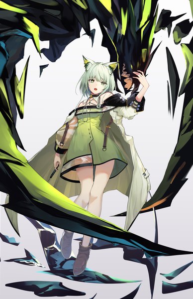 Anime picture 2883x4452 with arknights kal'tsit (arknights) mon3tr (arknights) z loader single tall image looking at viewer fringe highres short hair open mouth light erotic simple background standing white background bare shoulders holding green eyes animal ears payot