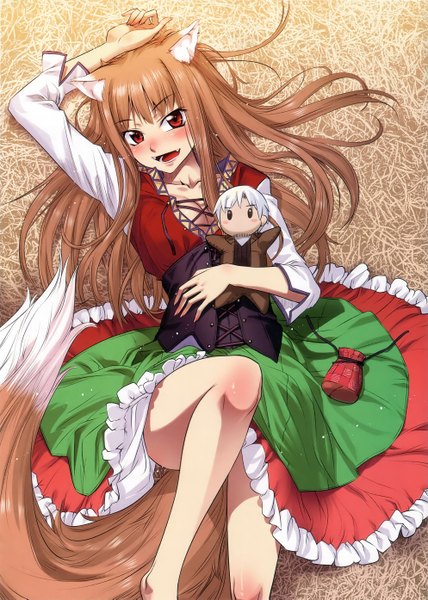 Anime picture 1988x2785 with spice and wolf horo craft lawrence koume keito long hair tall image highres breasts open mouth smile red eyes brown hair cleavage lying scan teeth fang (fangs) legs chibi wolf ears