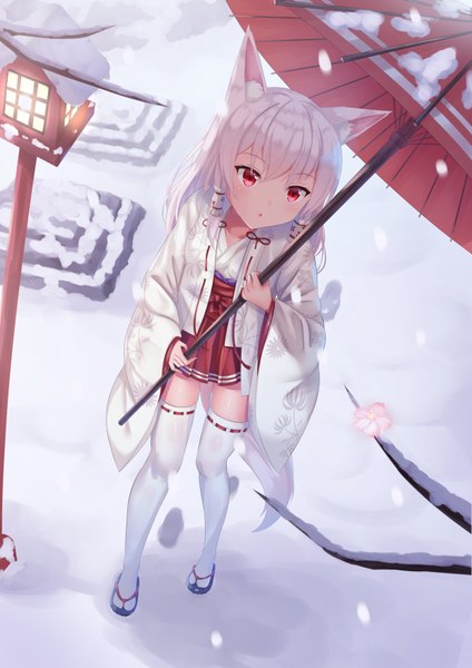 Anime picture 1240x1754 with original f (milfaaaaa) single long hair tall image looking at viewer blush fringe open mouth hair between eyes red eyes standing holding animal ears payot full body outdoors white hair traditional clothes japanese clothes