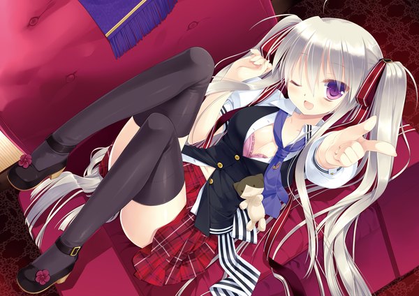 Anime picture 5936x4202 with gangsta alcadia rindou misogi miyasu risa long hair looking at viewer blush highres open mouth purple eyes twintails absurdres white hair one eye closed wink scan girl thighhighs skirt uniform ribbon (ribbons)