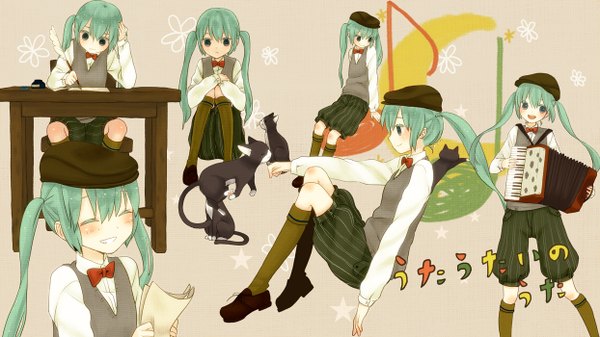Anime picture 1244x700 with vocaloid hatsune miku mizutamako long hair wide image twintails multiple girls green eyes green hair 6+ girls 6 girls girl hat table musical instrument accordion