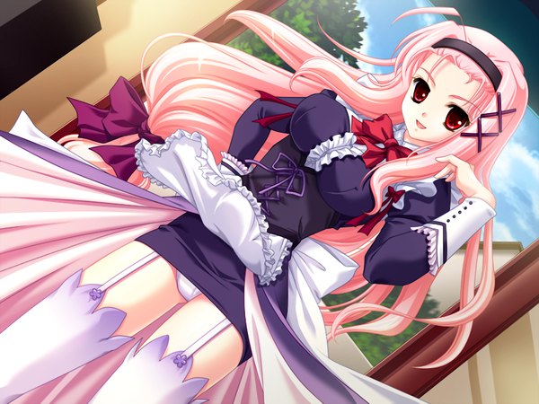 Anime picture 1200x900 with light erotic red eyes pink hair game cg pantyshot girl dress ribbon (ribbons)