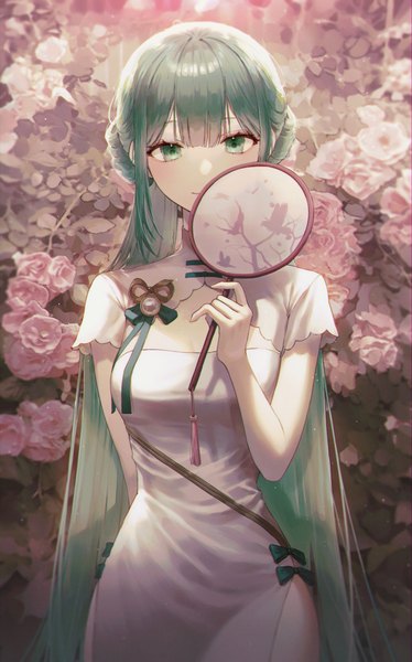 Anime picture 2638x4229 with vocaloid hatsune miku shaohua hatsune miku bagya single tall image looking at viewer fringe highres breasts smile standing holding green eyes blunt bangs very long hair traditional clothes arm up aqua hair short sleeves