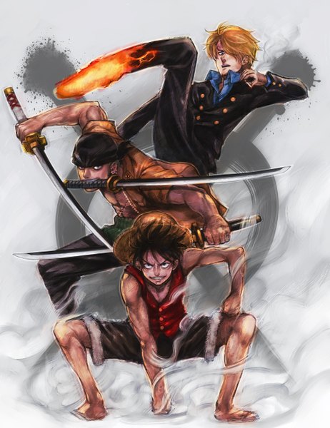 Anime picture 1000x1299 with one piece toei animation monkey d. luffy roronoa zoro sanji boyaking(sbf) tall image looking at viewer fringe short hair black hair blonde hair smile hair over one eye scar smoke steam boy weapon hat