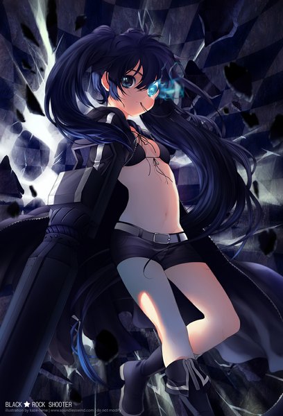 Anime picture 768x1130 with black rock shooter black rock shooter (character) kaze-hime single tall image blue eyes light erotic twintails holding blue hair very long hair midriff mouth hold glowing glowing eye (eyes) girl navel weapon shorts gun