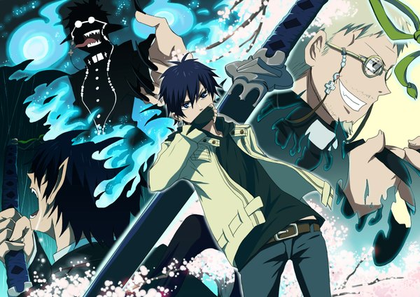 Anime picture 1754x1240 with ao no exorcist a-1 pictures tagme (character) okumura rin fujimoto shirou ame gatsu (artist) highres short hair blue eyes purple hair white hair pointy ears teeth grin group sharp teeth silhouette boy gloves weapon