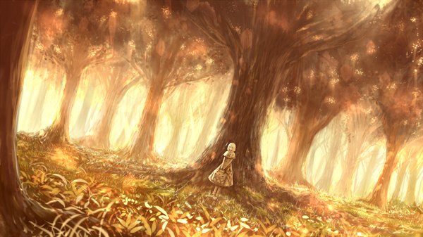Anime picture 2016x1134 with original bounin single looking at viewer fringe highres short hair wide image holding girl dress plant (plants) tree (trees) bag forest