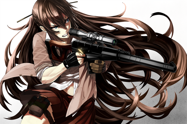 Anime picture 1500x1000 with original tef single long hair fringe open mouth brown hair standing holding looking away pleated skirt open clothes open shirt angry clenched teeth twisty sleeves girl skirt gloves weapon