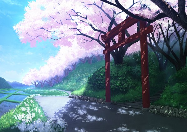 Anime picture 1500x1060 with original aratascape sky cloud (clouds) sunlight cherry blossoms mountain no people sunbeam scenic nature flower (flowers) plant (plants) tree (trees) torii rice paddy