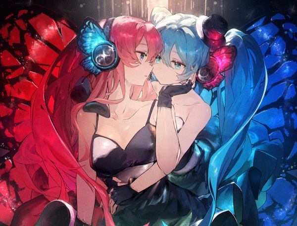 Anime picture 2500x1900 with vocaloid magnet (vocaloid) hatsune miku megurine luka mihoranran long hair fringe highres open mouth blue eyes hair between eyes standing twintails multiple girls pink hair aqua eyes aqua hair hug eye contact insect wings