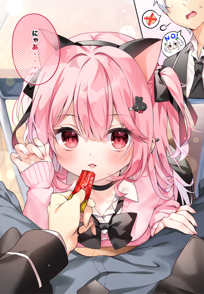 Anime picture 625x900 with original chihiro (khorosho) tall image looking at viewer blush fringe short hair open mouth hair between eyes red eyes holding animal ears pink hair blunt bangs long sleeves nail polish fingernails from above cat ears two side up