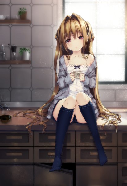 Anime picture 1100x1600 with toloveru toloveru darkness xebec konjiki no yami shokuyou mogura single long hair tall image looking at viewer blush fringe light erotic blonde hair hair between eyes red eyes sitting holding full body bent knee (knees) indoors