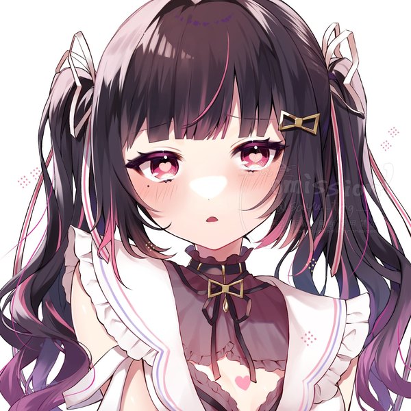 Anime-Bild 1500x1500 mit virtual youtuber phase connect himemiya rie sayu tmg single long hair looking at viewer blush fringe open mouth simple background brown hair white background twintails signed upper body blunt bangs pink eyes multicolored hair mole